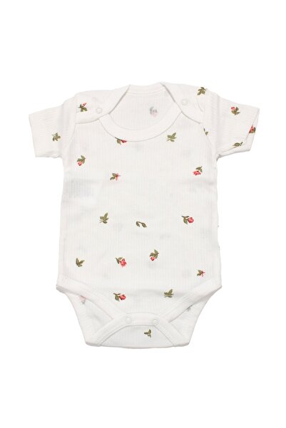 bebegen Baby Girl White Tulip Patterned Ribbed Short Sleeve Bodysuit