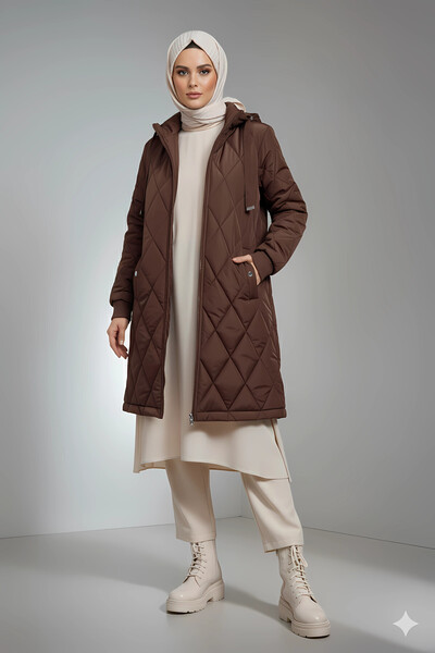 hazelin Women's Brown Long Quilted Lined Puffer Hijab Coat Hzl25W-Bd151381