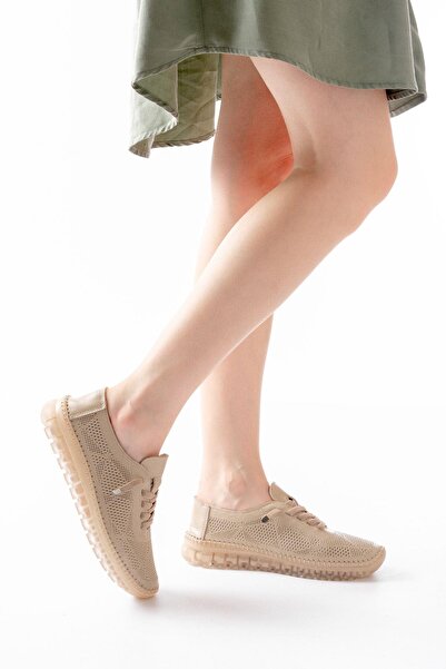 Aymood S-365 Beige Patterned Genuine Leather Transparent Sole Women's Sports Shoes