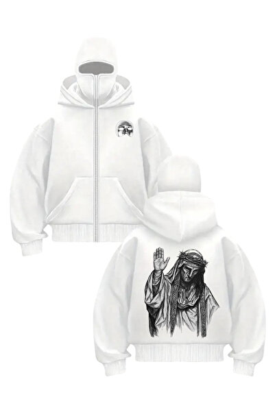 Gofeel Harajuku Beyaz Unisex Kar Maskeli Baldwin Baskılı Oversize Hırka