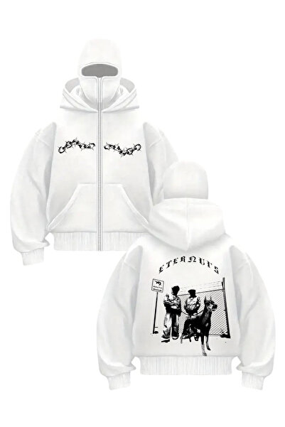 Gofeel Harajuku Λευκή Unisex Ζακέτα με στάμπα και μάσκα χιονιού, σε στυλ stre...