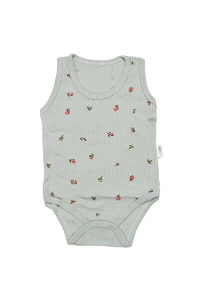 bebegen Baby Girl Green Tulip Patterned Ribbed Strap Bodysuit