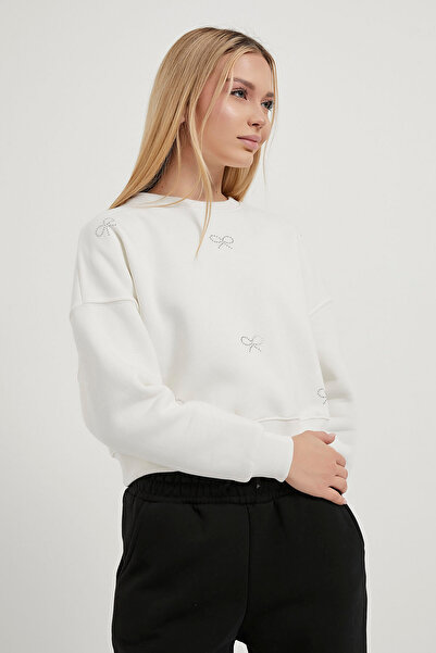 Arma Life Women's Stone Patterned Crew Neck White Sweatshirt