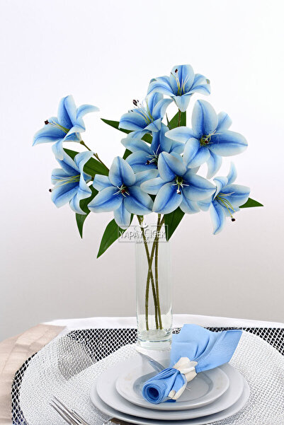 Yapay Çiçek Deposu Τεχνητό λουλούδι 3 κεφαλές πολυτελές υγρό κλαδί Καζαμπλάνκα 60 εκ. Μπλε