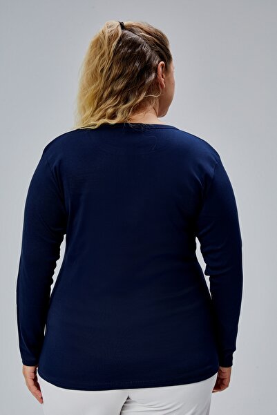 BANEGA Curve Plus Size 100% Cotton Lycra Crew Neck Basic Plain Long Sleeve Navy Blue Blouse