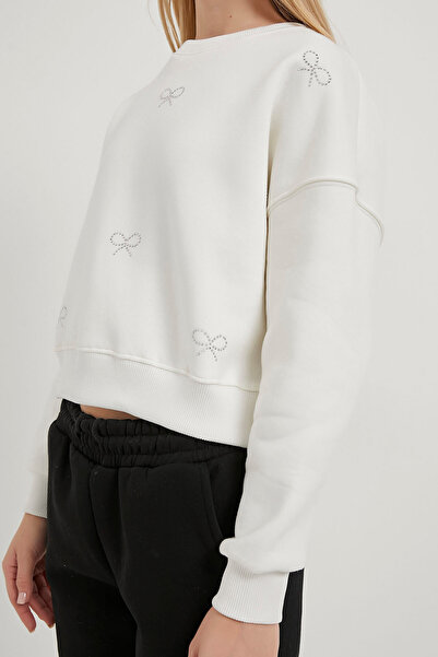 Arma Life Women's Stone Patterned Crew Neck White Sweatshirt