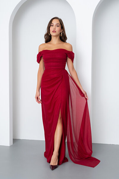 Lafaba Women's Burgundy Boat Neck Draped Slit Long Glitter Evening Dress