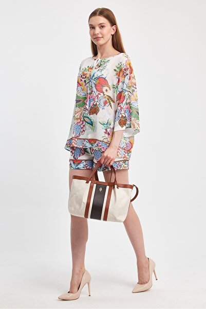 Aron Atelier Havana Fabric Detailed Stripe Patterned Medium Size Women's Hand and Crossbody Bag (12X23X34)