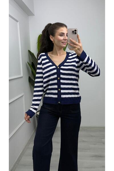 TUNAM BUTİK 2177 Gold Button Stitching Detailed Knitwear Cardigan Navy Blue