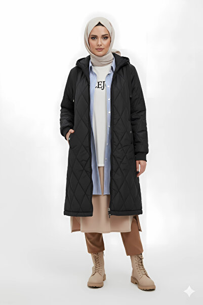 hazelin Women's Black Long Quilted Lined Puffer Hijab Coat Hzl25W-Bd151381