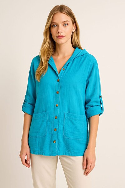 enmodaiçgiyim Turquoise Blue 100% Cotton Muslin Fabric Hooded Pocket Shirt - Comfortable Fit, Foldable Sleeves