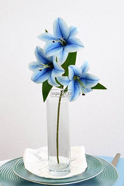 Yapay Çiçek Deposu Τεχνητό λουλούδι 3 κεφαλές πολυτελές υγρό κλαδί Καζαμπλάνκα 60 εκ. Μπλε