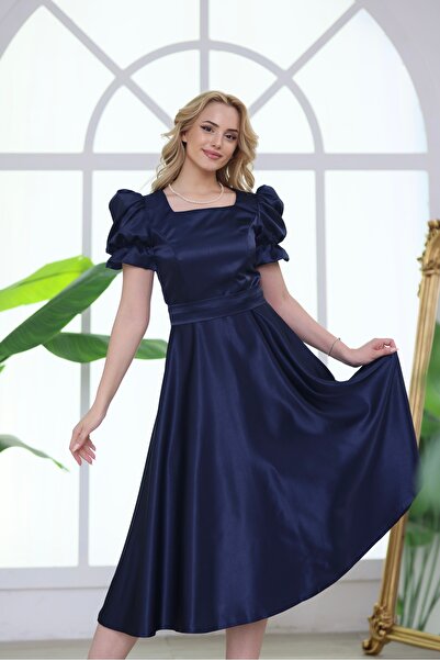 ASLIHANGÜNER MARİBEL SATEN MİDİ KARE YAKA KISA KOLLU ABİYE MEZUNİYET DAVET ELBİSESİ