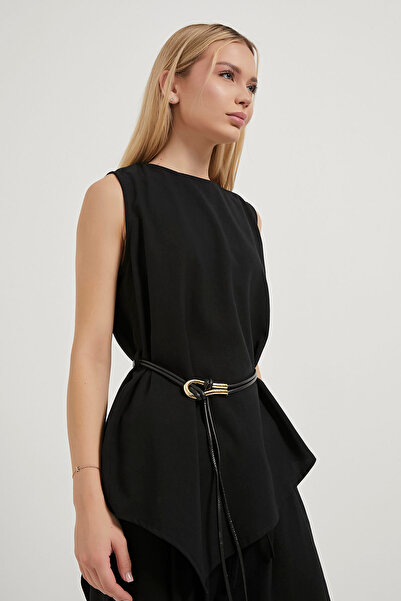 Arma Life Women's Belted Sleeveless Basic Casual Black Loose Blouse