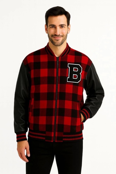 GökTR Men's College Jacket – Checkered Lumberjack Fabric, Faux Leather Sleeves, Zipper Closure, Quilted Lining Inside, Embroidered