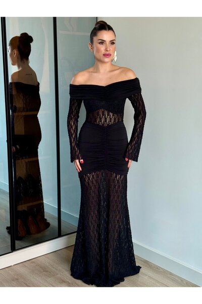 ROUPAS COLLECTİON Dantel Detay Madonna Yaka Elbise