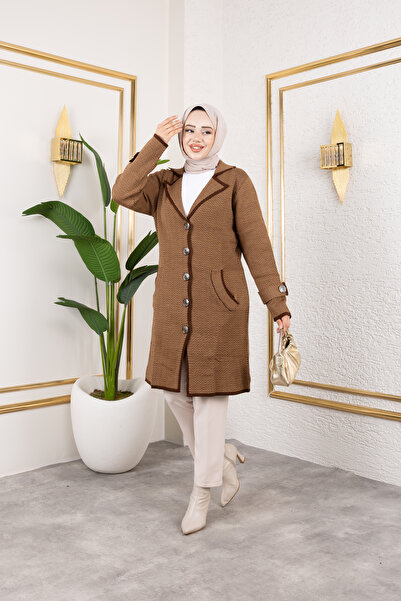 Eliva Women's Brown Buttoned Collared Winter Knitwear Hijab Cardigan