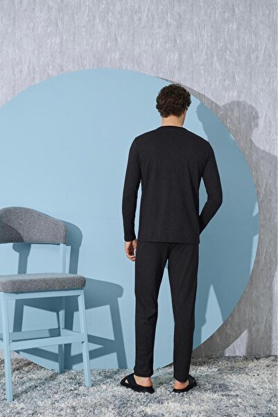 Sevim Svman 9452 Men's Black Half Buttoned Sports Pajama Set