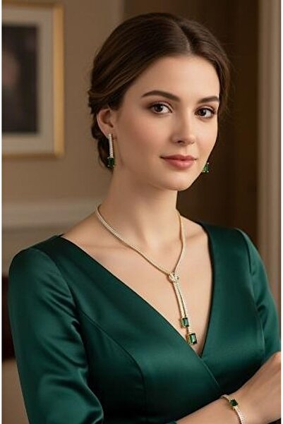 xesha 22 Ayar Altın Kaplama Zümrüt Taşlı Su Yolu Kadın Takı Seti 3’lü | Kolye...