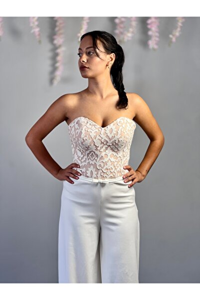 MEDUSA Maristella Beyaz Bej Üst Beden Deri Güpür İşleme Tulum Abiye