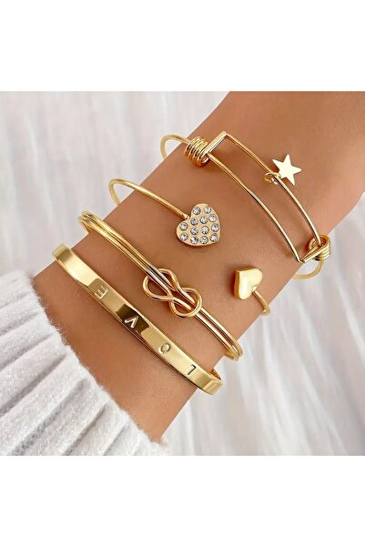 Feronnucci Gold Color Women's Bracelet Set of 5 with Stones Heart, Star, Love...