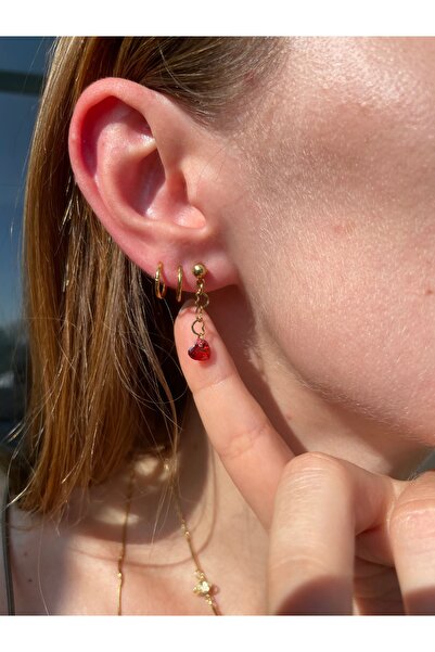 Hora Kalp Zirkon Yakut Sallantılı Minimal Gold Çelik Küpe