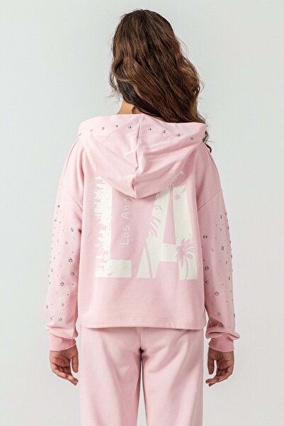 ww waka waka kids store Girl's Stone Detailed Los Angeles Printed Hooded Tracksuit Set Ecru & Pink Color Options