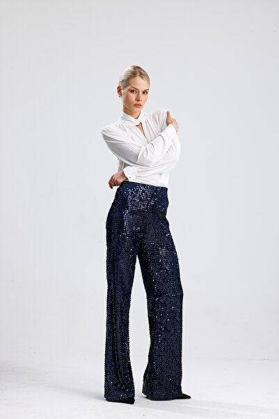 Sense Lined Elastic Wide-Leg Sequined Evening Dress Pants |   Pnt33970 Navy Blue