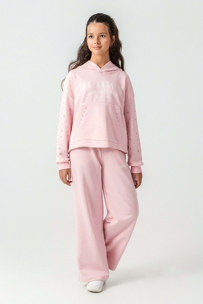 ww waka waka kids store Girl's Stone Detailed Los Angeles Printed Hooded Tracksuit Set Ecru & Pink Color Options