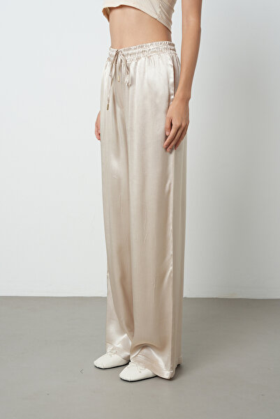 Orfeo Negro Kadın Açık Bej Düz %100 Viskoz Bol Paça Beli Lastikli Pantolon
