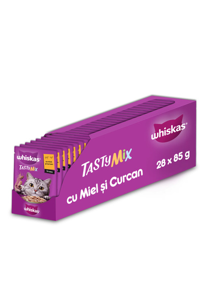 Whiskas Hrană umedă pentru pisici, Miel și Curcan în sos, Tasty Mix, 28 x 85 g