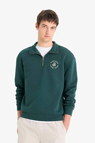 DeFacto Boxy Fit Stand Collar Zippered Printed Green Men's Sweatshirt E9416Ax/Gn536
