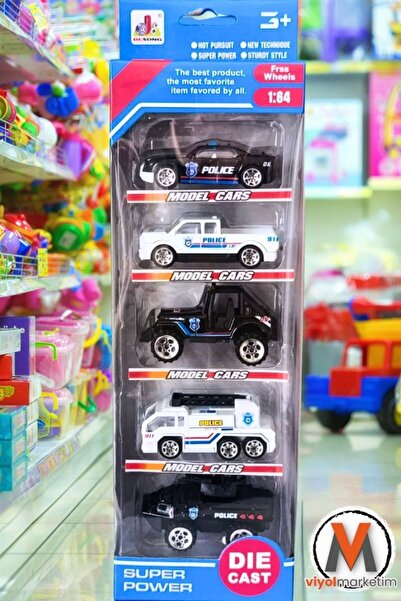 viyolmarketim Metal Set 5’li Arabalar – Polis, İtfaiye, Taksi, Çekici; Oyuncak Metal Set, Karışık Renk