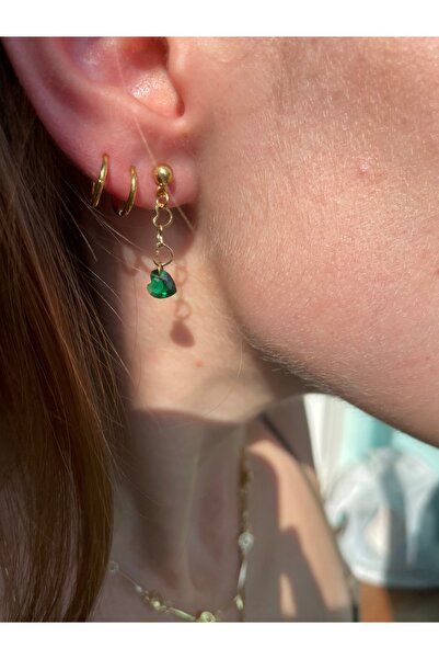 Hora Kalp Zirkon Zümrüt Saklantılı gold Çelik Küpe