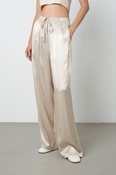 Orfeo Negro Kadın Açık Bej Düz %100 Viskoz Bol Paça Beli Lastikli Pantolon
