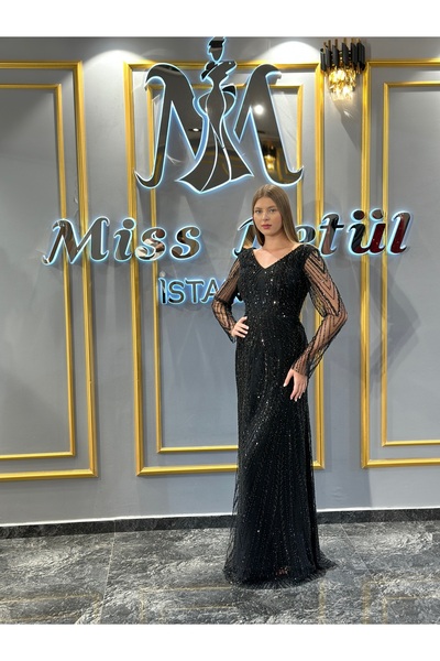 MissBetül Full Dantel Uzun Kol V Yaka Abiye Nişan Elbisesi