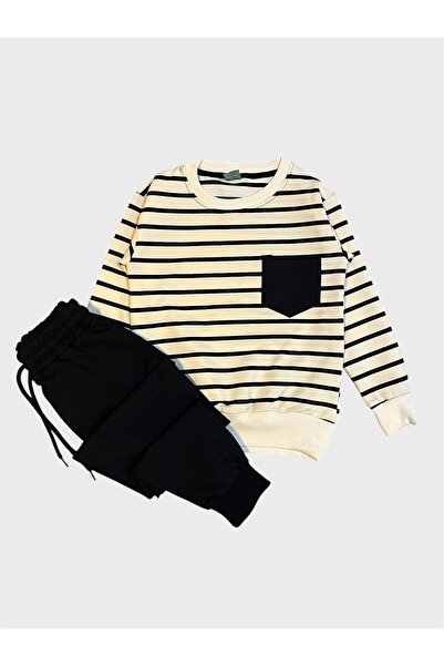 tusem butik homewear طقم رياضي للأولاد من القطن باللون الأسود الكريمي مع خطوط...