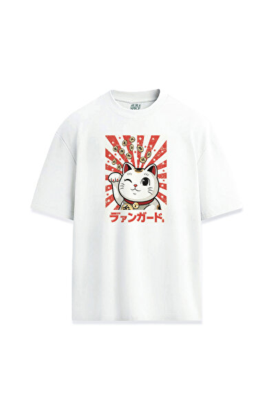 Darkia Şans Kedisi Japon Lucky Cat Maneki Neko Baskılı Unisex Tişört