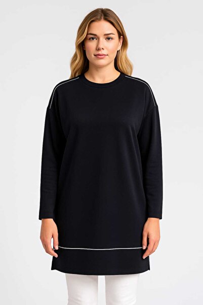 Şans Women's Plus Size Navy Blue, Crew Neck, Shoulder and Front Piping Detail, Side Slit Sweatshirt 65N39148