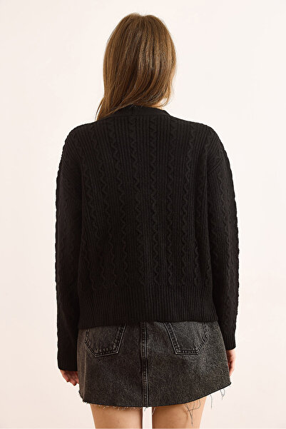 Olalook Women's Black Wave Detailed Soft Textured Cardigan Hrk-19000386