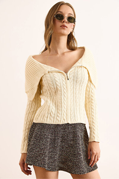 Olalook Women's Stone Madonna Collar Zippered Hair Knitwear Blouse Blz-19003105