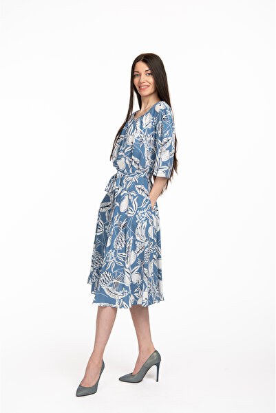 Couture de Marie Rochie midi din vâscoză, cloș, cu cordon, print floral bleu – Jemima