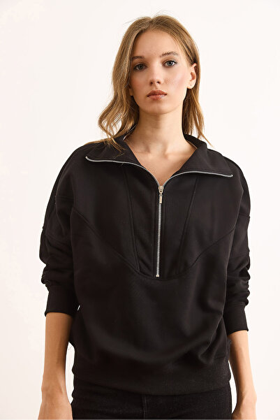 Olalook Hanorac negru pentru femei, cu cusături, cu fermoar, fără șarzi, gros, SWT-19000744