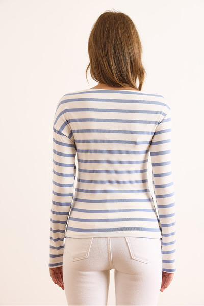 Olalook Women's Striped Indigo Striped Premium Soft Touch Boat Neck Stretchy Blouse Blz-19002448