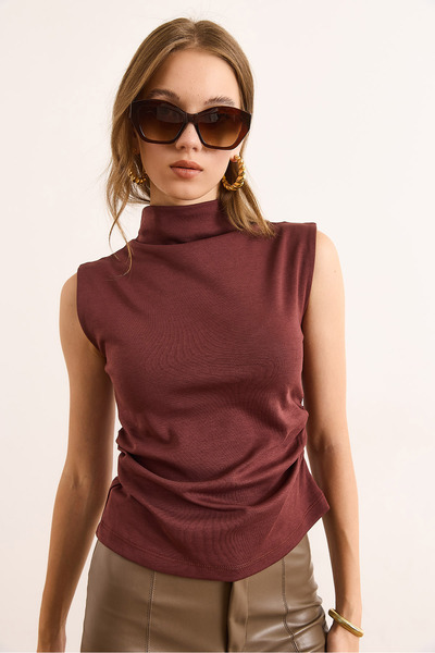 Olalook Women's Brown Drape Detailed Stand Collar Interlock Crop Blouse Blz-19003107