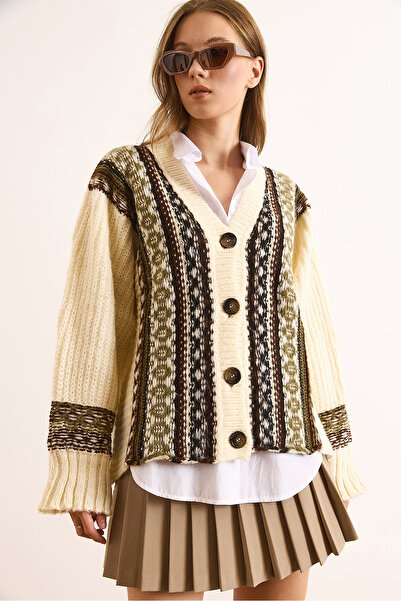 Olalook Women's Ecru Green Soft Textured Patterned Oversize Knit Cardigan Hrk-19000391