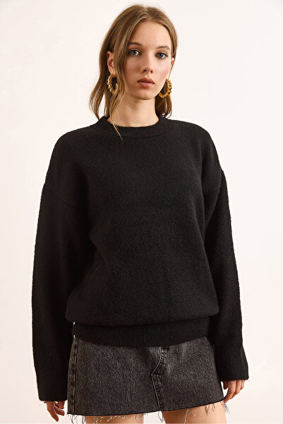 Olalook Pulover negru pentru femei, cu gât rotund, cu textura moale, cu potri...