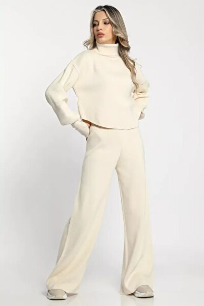 ARONLİ Finger-Through Knitwear Crop Top and High-Waisted Knitwear Pants Set
