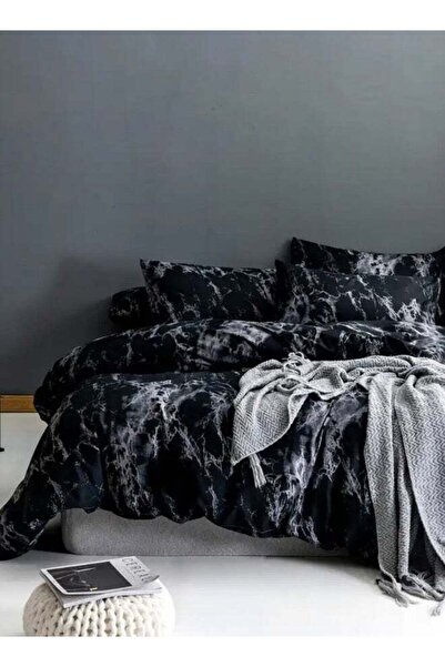 LUNA HOME Queen Size 6 Piece Marble Pattern Duvet Cover Set Black Bedding Set