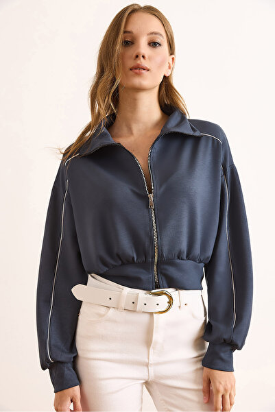 Olalook Kadın Antrasit Modal Biye Detaylı Dökümlü Fermuarlı Sweatshirt SWT-19000739